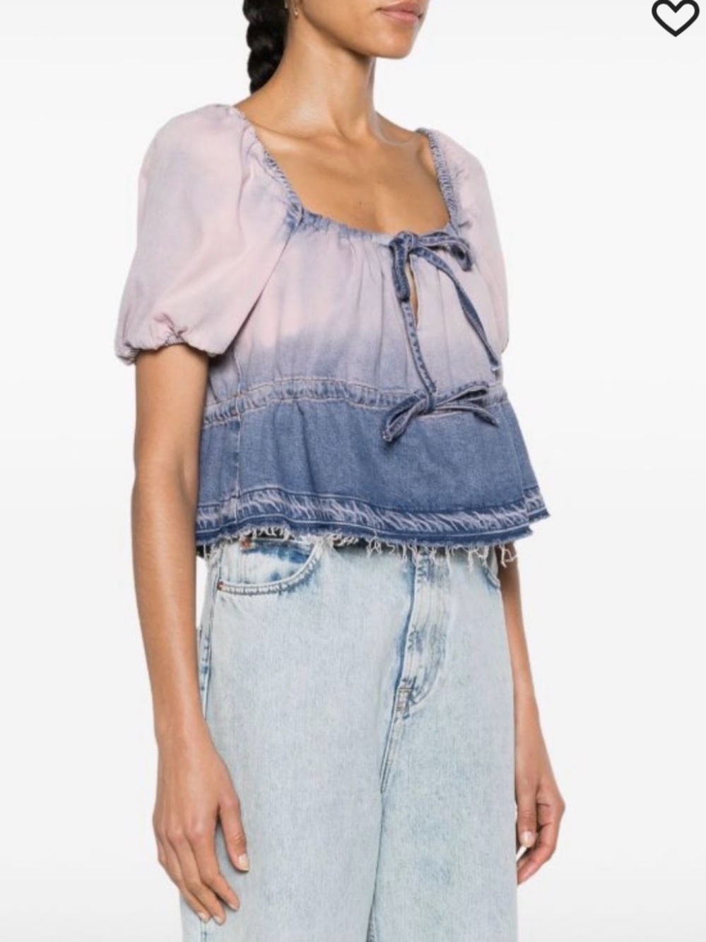 Ganni Lavender-Blue Denim Top with Contrast Stitching - Picture 2 of 10